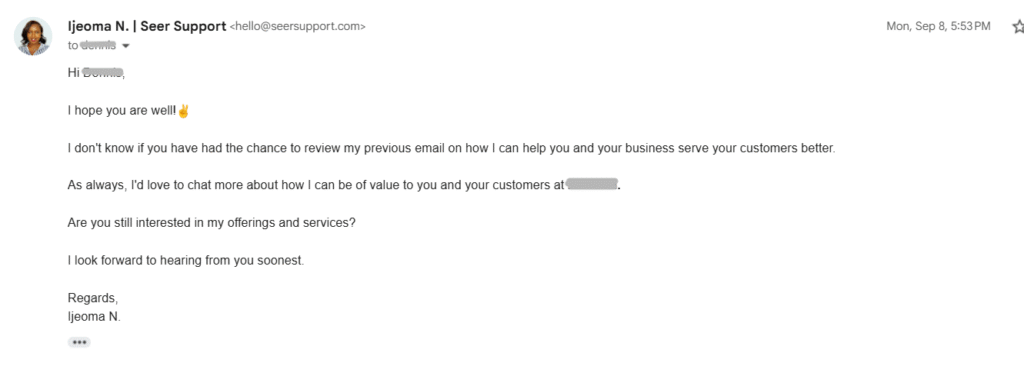 Example of a follow-up email template that I use in cold emails that gets client