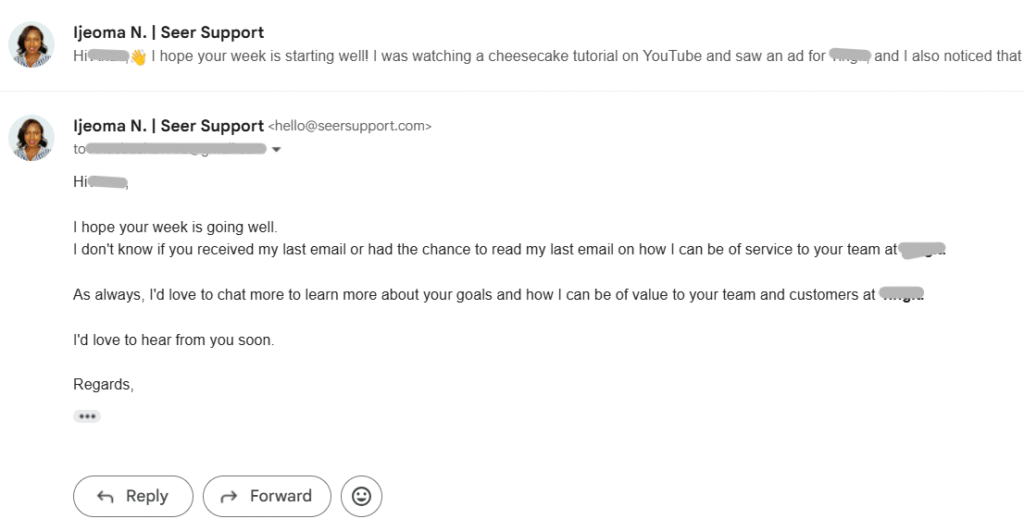 A follow-up email template for a cold email