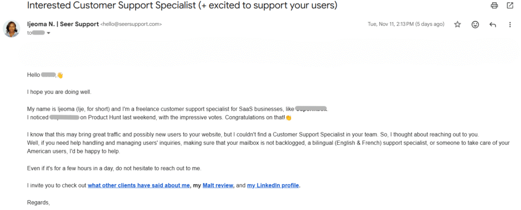 Screenshot of a cold email to write cold emails that get clients