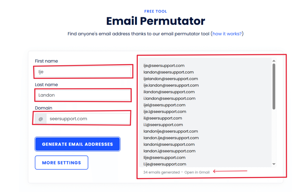 Email Permutator used to find possible client emails.