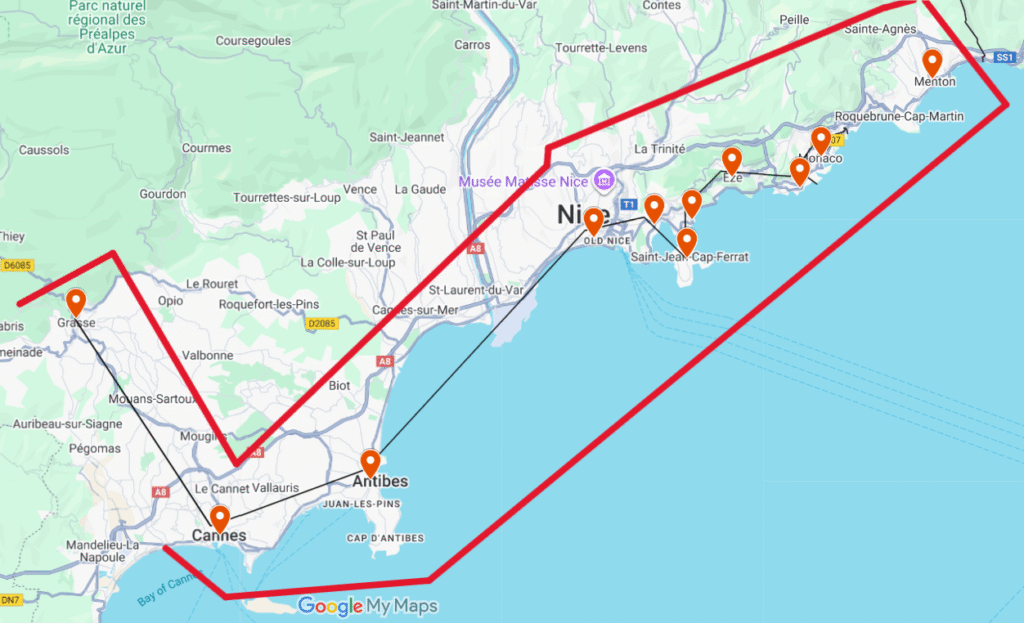 Map showing towns in Cot d'Azur for a travel guide to the French Riviera.