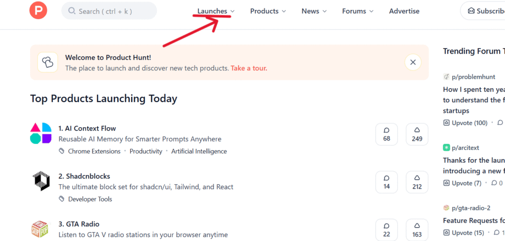 The Product Hunt platform used to find potential clients.